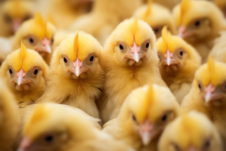 A group of yellow chickens looking at the cameraの素材