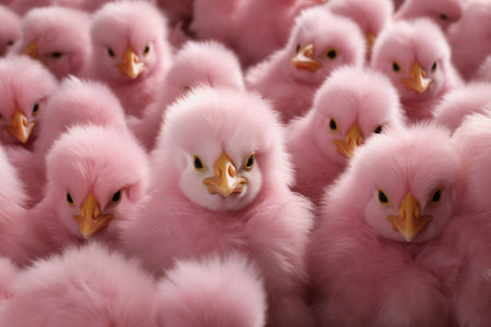 A group of pink chickens looking at the cameraの素材