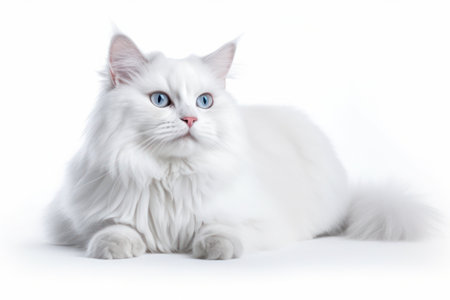 A white cat with blue eyes sitting on a white backgroundの素材
