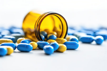 Blue and yellow pills spilling out of a bottleの素材