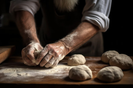 A man is kneading dough on a wooden tableの素材