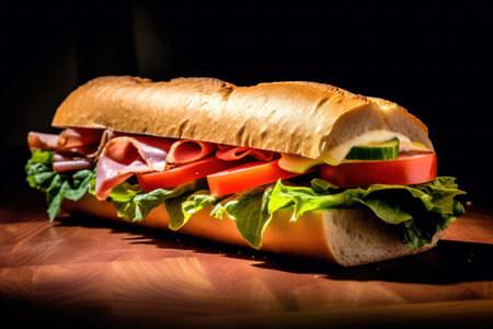A large submarine sandwich on a wooden tableの素材