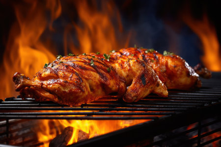 Grilled chicken on a grill with flamesの素材