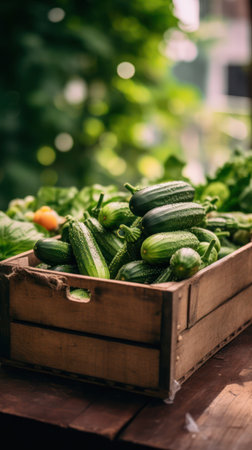 wooden box filled with cucumbers on a wooden tableの素材