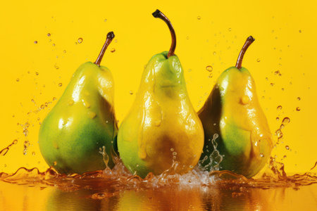 Three pears are splashed with water on an orange backgroundの素材