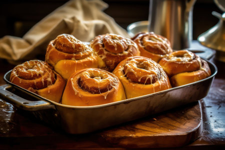 butter pecan cinnamon rolls on a plateの素材