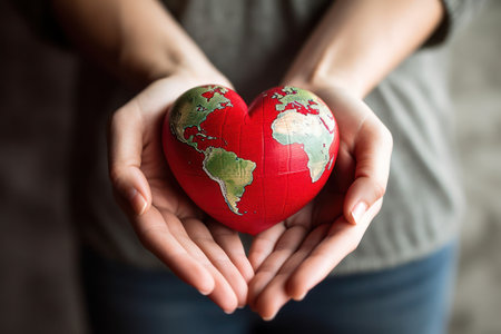 A woman's hands holding a heart shaped earth globeの素材