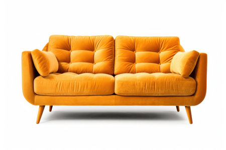 A modern yellow sofa with wooden legs on a white backgroundの素材