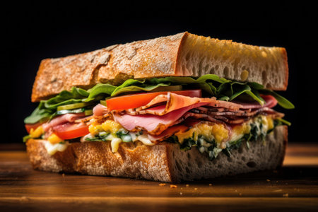 A ham and cheese sandwich on a wooden tableの素材