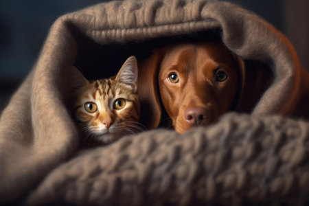 A dog and cat under a blanketの素材