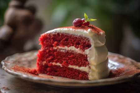 a slice of red velvet cake on a plateの素材