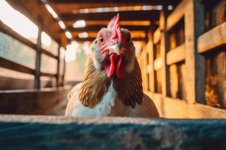 a chicken looking out of a wooden boxの素材