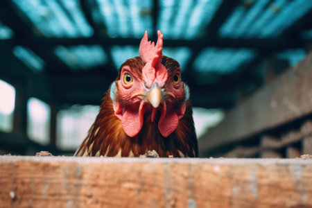 A rooster is looking out of a wooden boxの素材