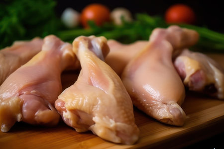 close up of raw chicken legs on a tableの素材