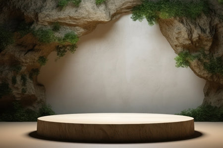 empty stage podium in front of a caveの素材