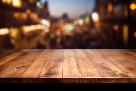 a wooden table with blurred lights in the backgroundの素材