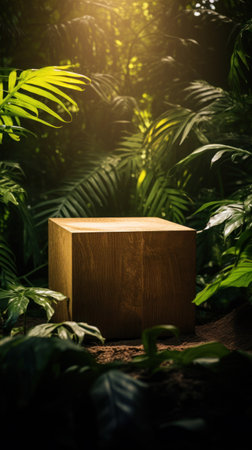 A wooden cube sitting on top of a mossy forestの素材