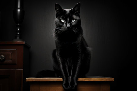 A Black Cat Sitting on a Wooden Tableの素材