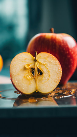 two red apples one whole and one halvedの素材