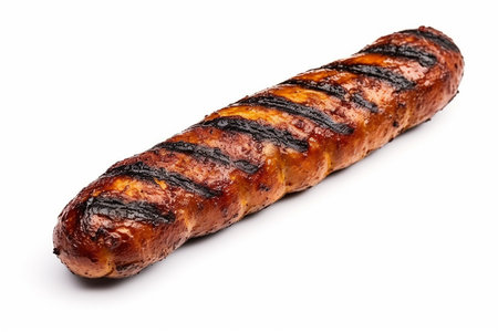 A grilled sausage isolated on a white backgroundの素材