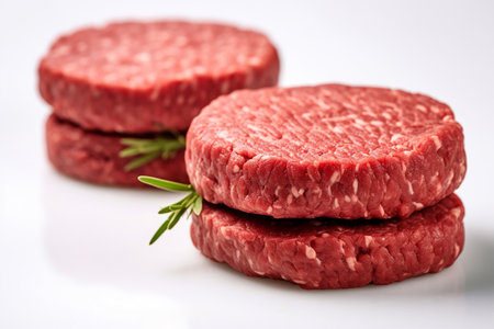 Fresh raw burger patties on a white backgroundの素材