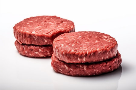 Fresh raw burger patties on a white backgroundの素材
