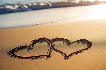 Two hearts drawn on the sand by the sea at sunset. The concept of love and romance.の素材