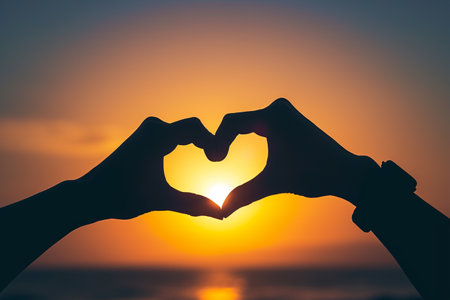 Silhouette of hands forming a heart shape around the sun at sunsetの素材