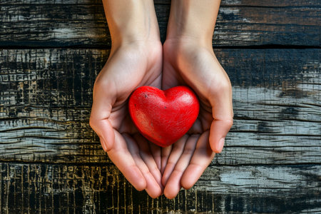 A pair of hands holding a heart against a backdrop of weathered wooden planksの素材