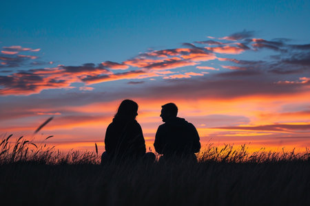 Silhouette man and woman sitting against a dramatic sunsetの素材