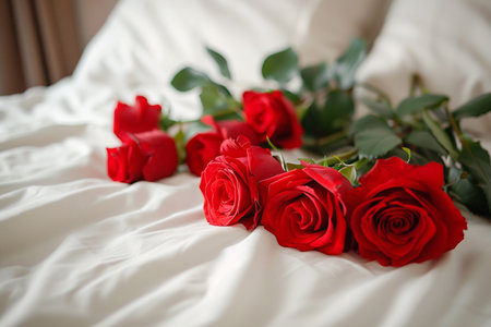 A beautiful bouquet of red roses lies on a pristine white bedspreadの素材