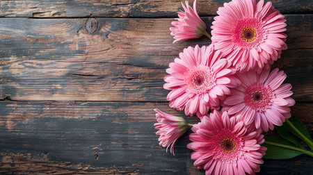 A bouquet of pink gerbera daisies laid on a wooden surfaceの素材