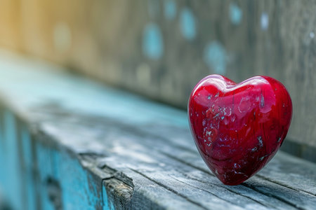A red heart sits on top of a wooden bench.の素材