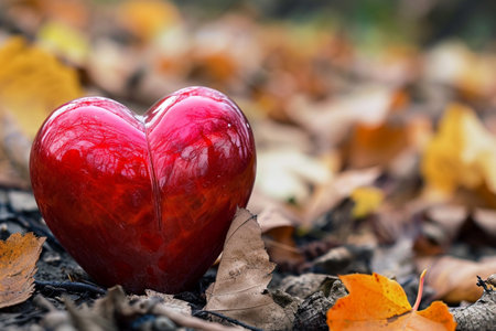 Red heart on the ground in the autumn forest. Valentine's day concept.の素材