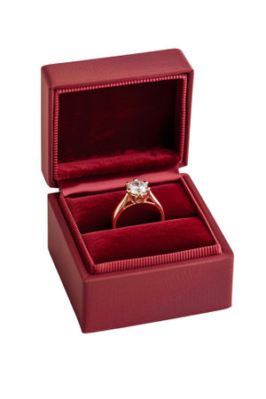 An elegant diamond ring presented in a classic red velvet box isolated on transparent or white background, pngの素材