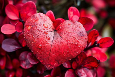 A red heart shaped leaf with water droplets on itの素材