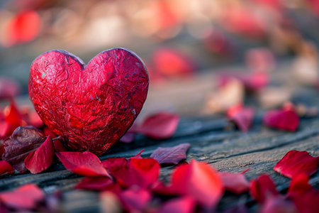 A red heart surrounded by red rose petalsの素材
