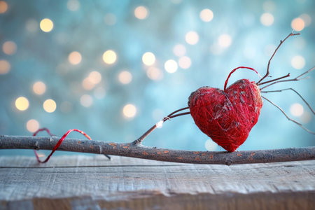 A red heart is sitting on a branch with lights behind itの素材