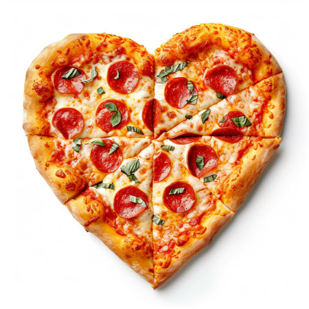A heart-shaped pizza with pepperoni and fresh basil leaves isolated on transparent or white background, pngの素材