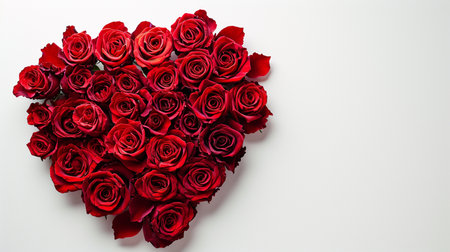 A heart shaped arrangement of red roses on a white backgroundの素材