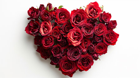 Red roses in the shape of a heart on a white backgroundの素材