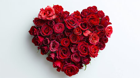 Red roses in the shape of a heart on a white backgroundの素材