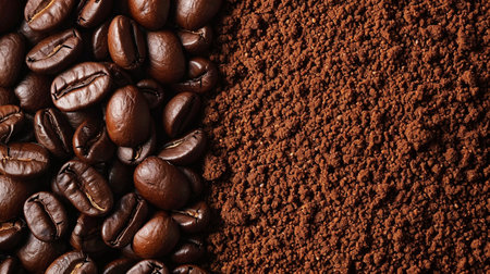Close-up of coffee beans and ground coffee backgroundの素材