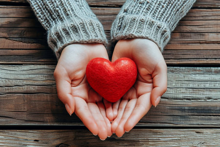 A pair of hands holds a small red heart set against the backdrop of a rustic wooden surfaceの素材