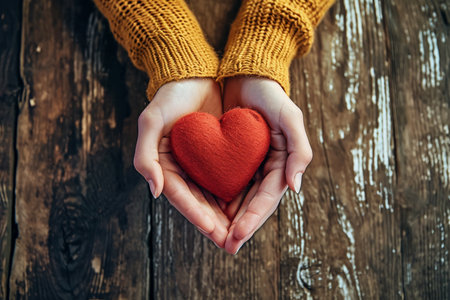 Two hands hold a red heart against an aged wooden backdropの素材
