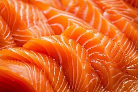 A close up of several pieces of salmon sitting on top of each otherの素材