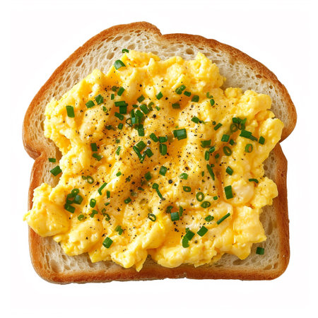 A slice of bread topped with scrambled eggs isolated on transparent or white background, pngの素材