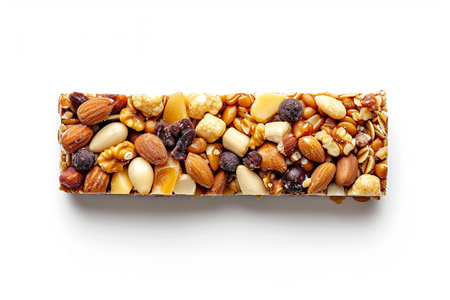 A granola bar with a mix of oats, nuts, and dried fruits isolated on white backgroundの素材
