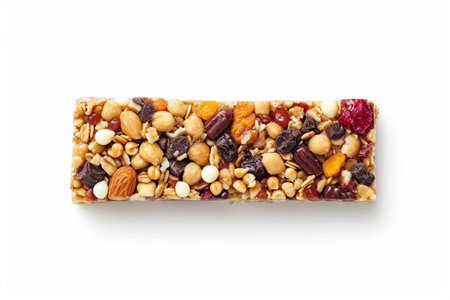 A granola bar with a mix of oats, nuts, and dried fruits isolated on transparent or white background, pngの素材