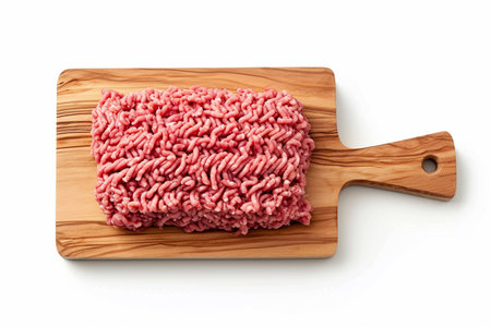 Raw ground meat shaped into an oblong form on a wooden cutting board isolated on transparent or white background, pngの素材